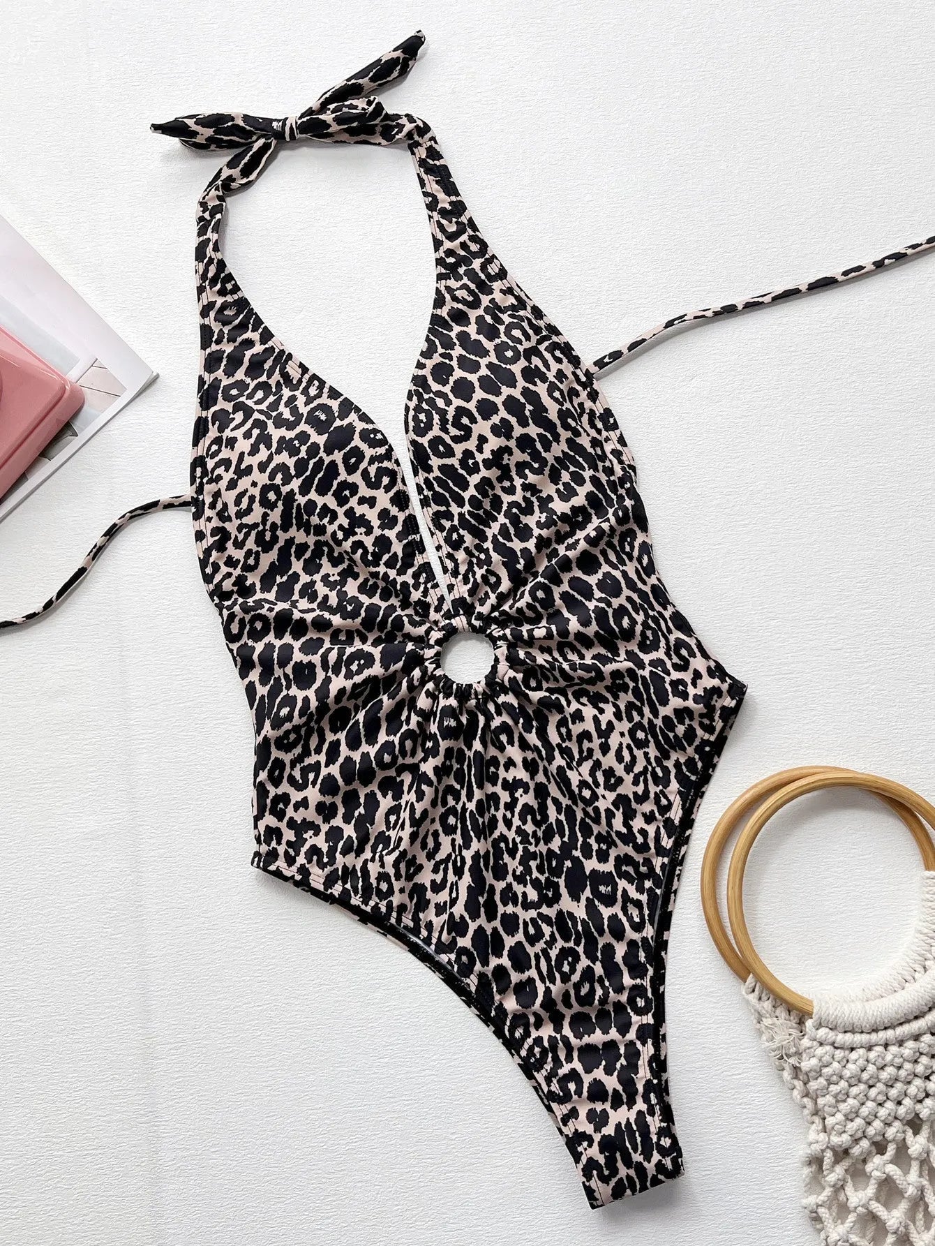 Leopard print hollow-out ring bikini style one-piece swimsuit for women