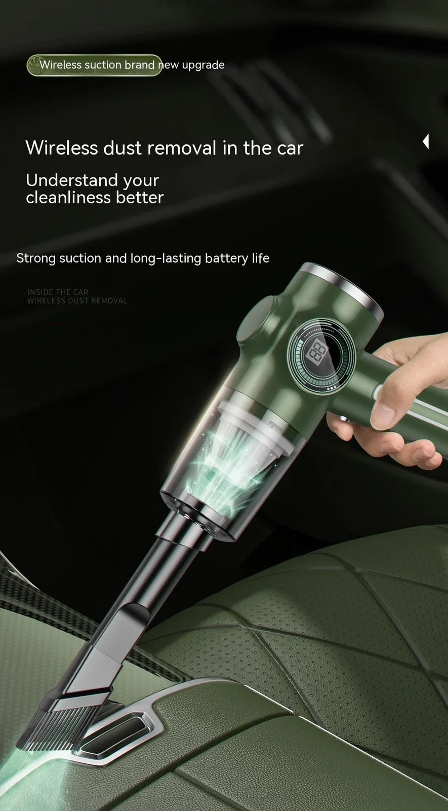 Black handheld vacuum cleaner with USB charging port measuring 25cm length for car and home dust removal