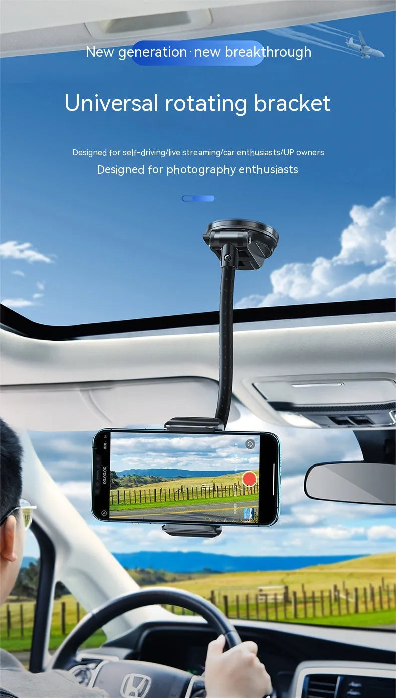 Black universal rotating car phone bracket with metal bending-resistant holder and multi-angle adjustment for vehicle use