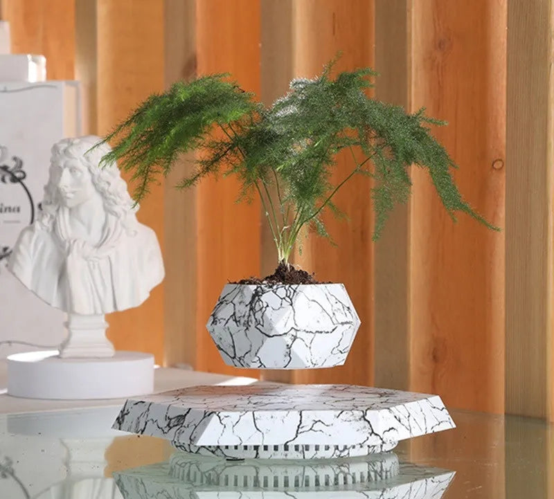 Marbling colour magnetic levitating plant pot floating above base with small plant inside