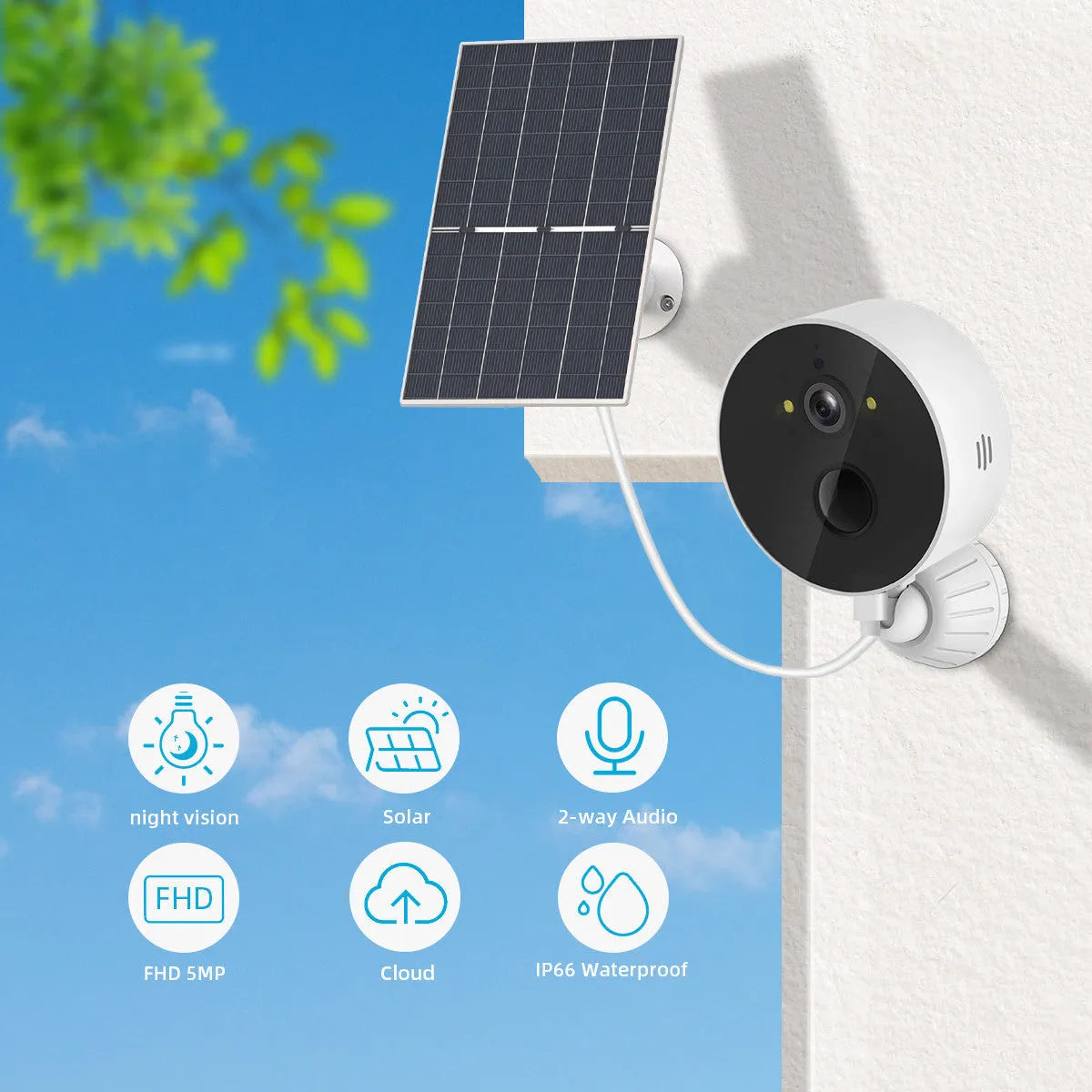 Solar-powered outdoor security camera with solar panel, 1080P resolution, and low power consumption design
