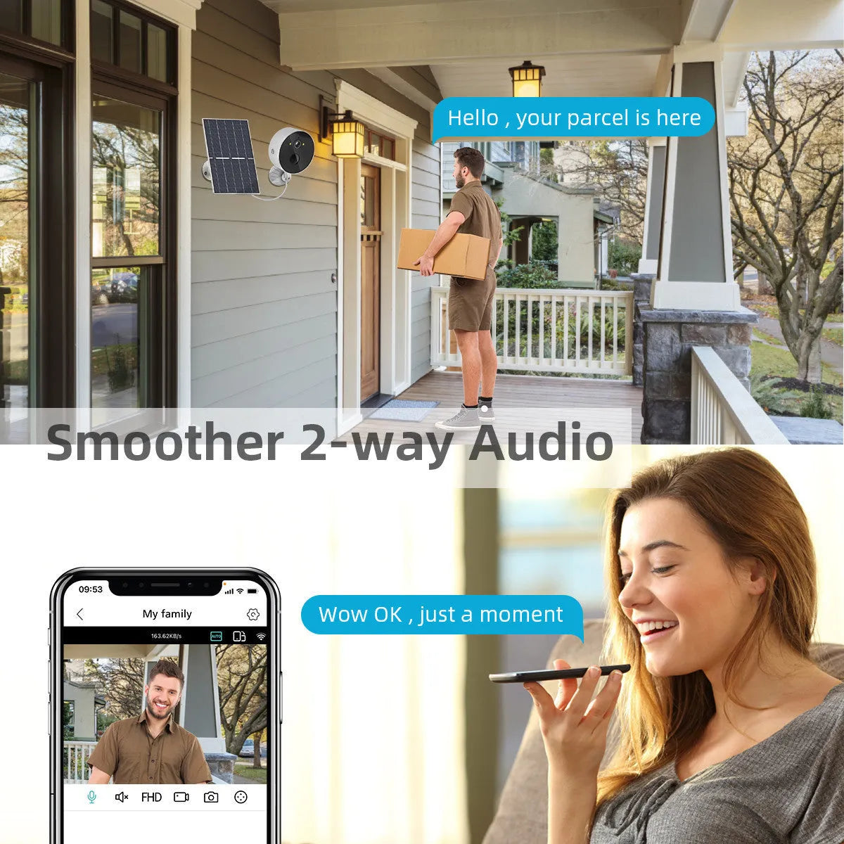 Solar-powered outdoor security camera with solar panel, 1080P resolution, and low power consumption design