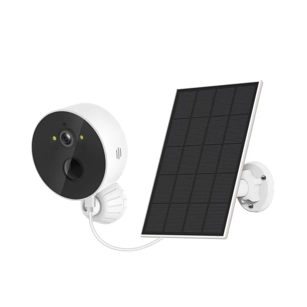 Solar-powered outdoor security camera with solar panel, 1080P resolution, and low power consumption design