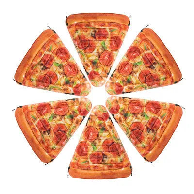 Large inflatable pizza surfboard recliner floating in a swimming pool.