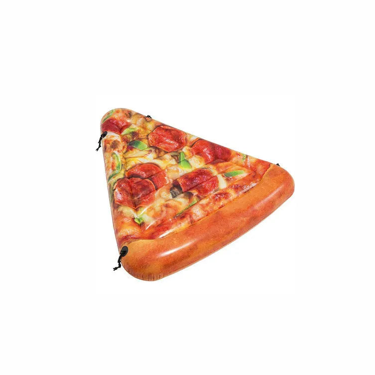 Large inflatable pizza surfboard recliner floating in a swimming pool.