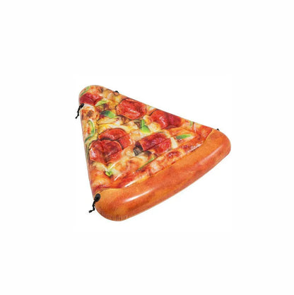 Large inflatable pizza surfboard recliner floating in a swimming pool.