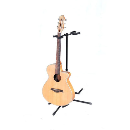 Black vertical double-headed adjustable iron guitar stand holding two guitars.