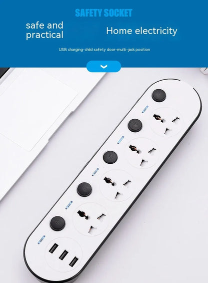 International power strip with multiple switches and USB charging ports