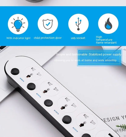 International power strip with multiple switches and USB charging ports