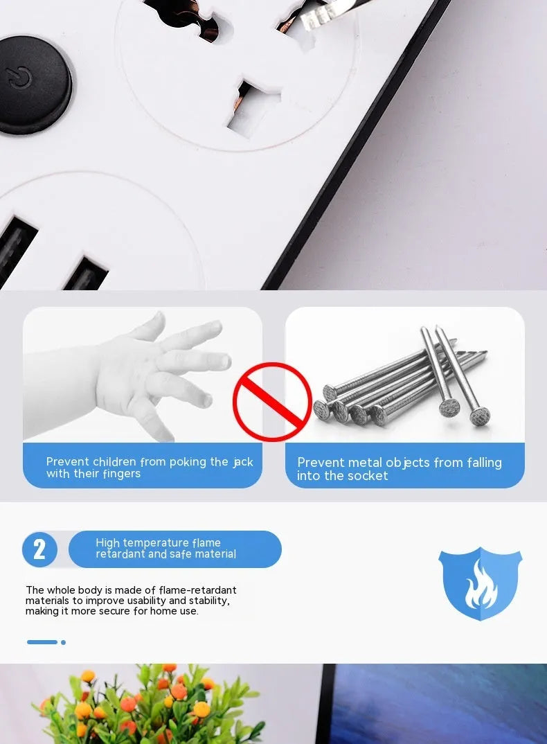 International power strip with multiple switches and USB charging ports