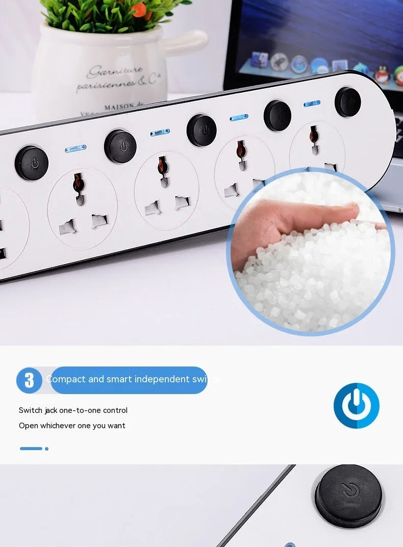 International power strip with multiple switches and USB charging ports