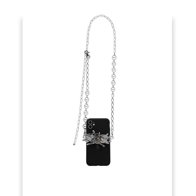 Silver spider moonstone alloy mobile phone charm with butterfly insect pattern and electroplated finish, K317563