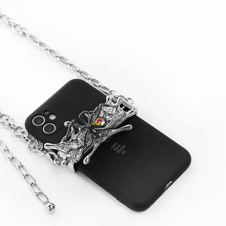 Silver spider moonstone alloy mobile phone charm with butterfly insect pattern and electroplated finish, K317563