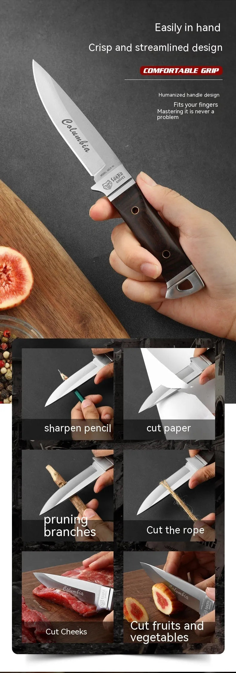 Camping fruit knife with stainless steel blade and brown leather sheath on a wooden surface