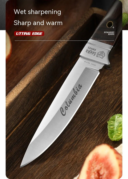 Camping fruit knife with stainless steel blade and brown leather sheath on a wooden surface