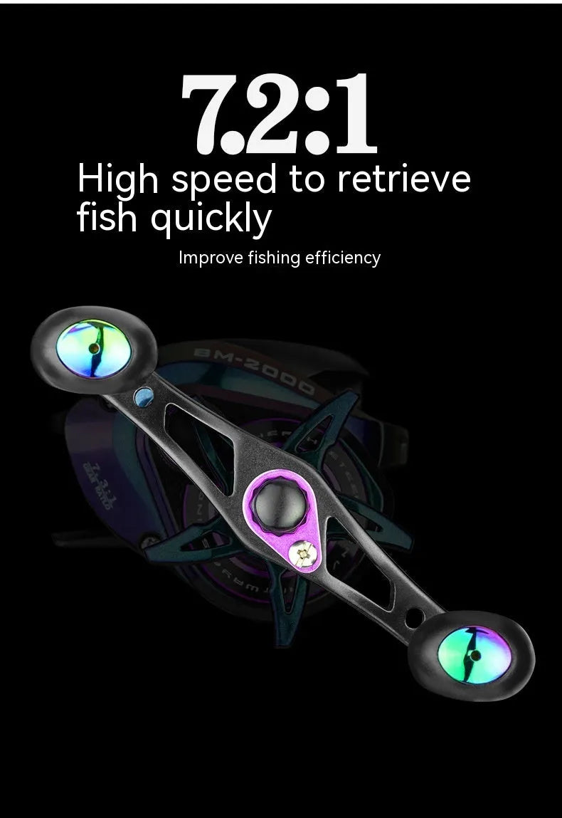 Colourful water drop shaped BM2000 fishing reel with magnetic brake, shown in left and right-hand models.