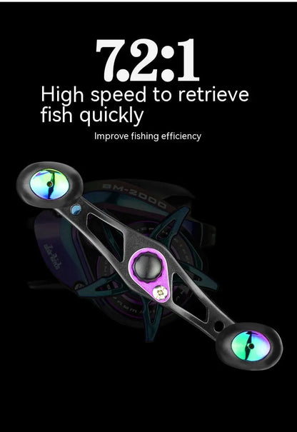 Colourful water drop shaped BM2000 fishing reel with magnetic brake, shown in left and right-hand models.
