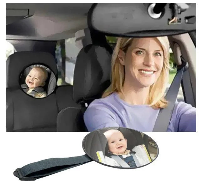 Black ABS baby car rearview mirror with 17cm outer diameter, 16.5cm chassis, and 85cm ribbon