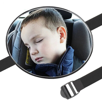 Black ABS baby car rearview mirror with 17cm outer diameter, 16.5cm chassis, and 85cm ribbon