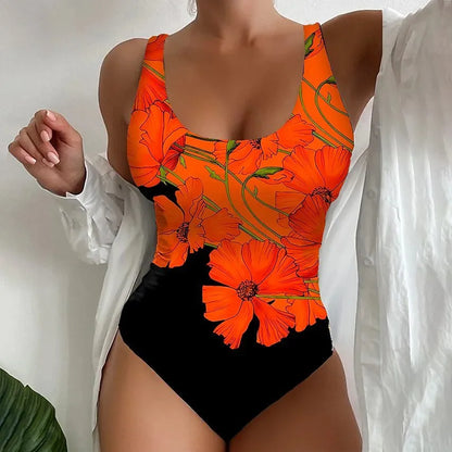 Women's orange red 3D printed one-piece swimsuit with Lycra lining on a mannequin.