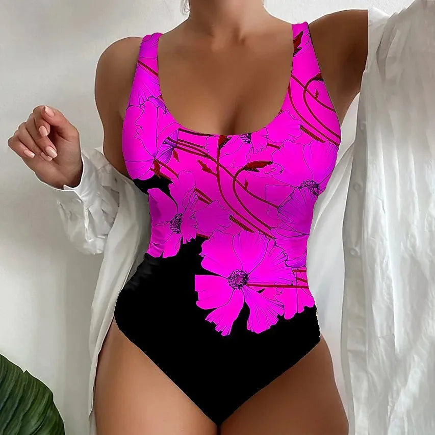 Women's orange red 3D printed one-piece swimsuit with Lycra lining on a mannequin.