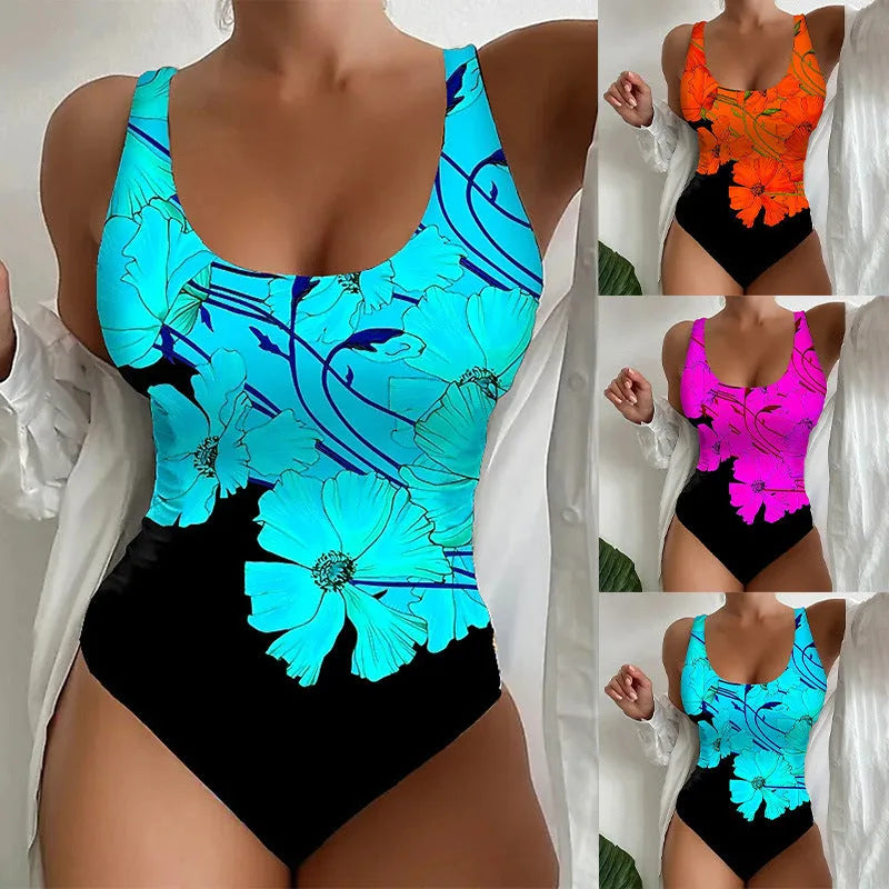 Women's orange red 3D printed one-piece swimsuit with Lycra lining on a mannequin.