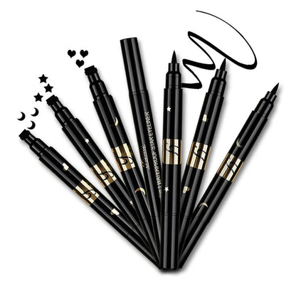Double-headed black eyeliner with heart, moon, and pentagram stamp designs for creative makeup looks