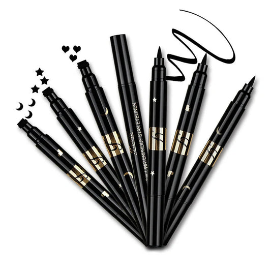 Double-headed black eyeliner with heart, moon, and pentagram stamp designs for creative makeup looks