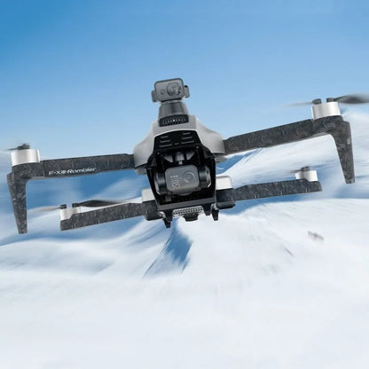 White foldable brushless quadcopter drone with 4K camera shown with remote control and carry case.