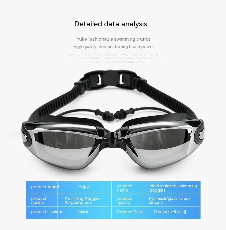 Men's black swimming trunks, goggles, and cap set laid out with ear plugs and carry bag
