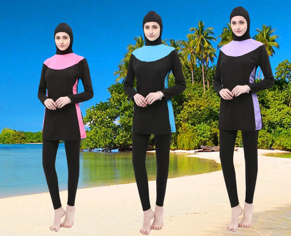 Conservative black women's swimsuit with long sleeves, a hood, and rose red panels.