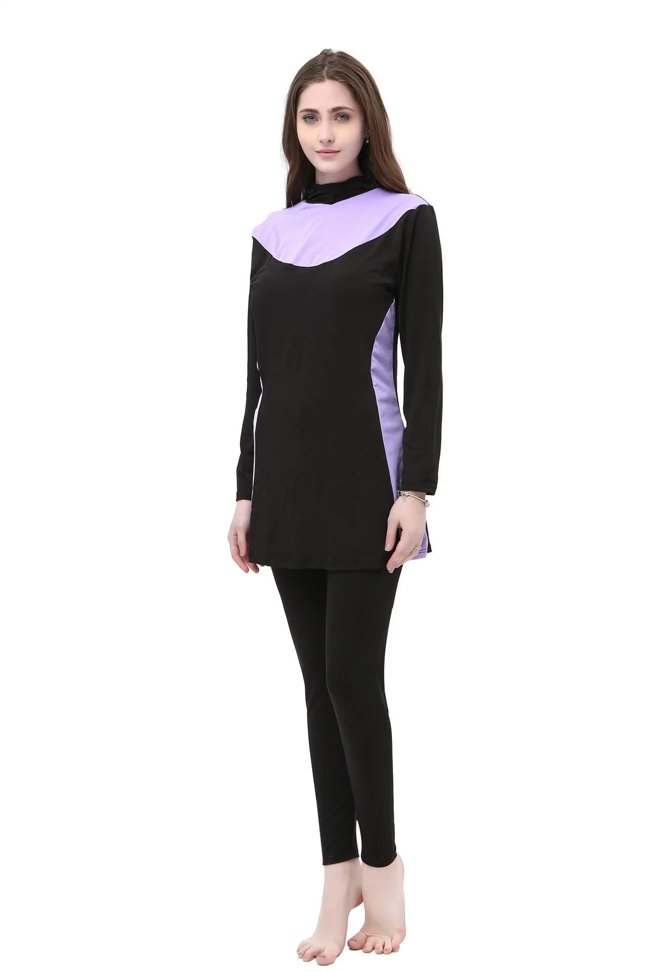 Conservative black women's swimsuit with long sleeves, a hood, and rose red panels.