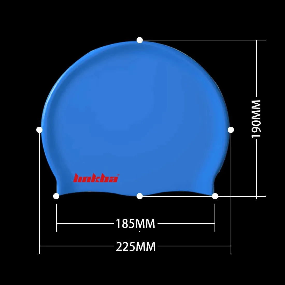 Coloured silicone adult swimming cap with letter pattern and built-in earmuff design.
