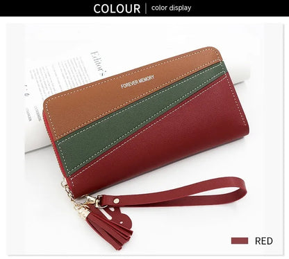 Square vertical PU leather coin purse card holder with contrast colour trim, medium length, in pink, red, blue or black.