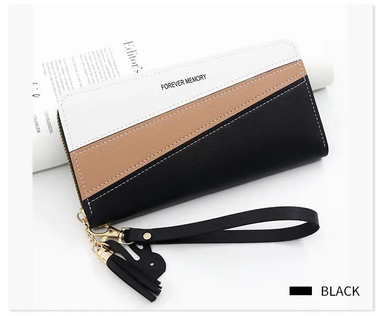 Square vertical PU leather coin purse card holder with contrast colour trim, medium length, in pink, red, blue or black.