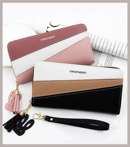 Square vertical PU leather coin purse card holder with contrast colour trim, medium length, in pink, red, blue or black.