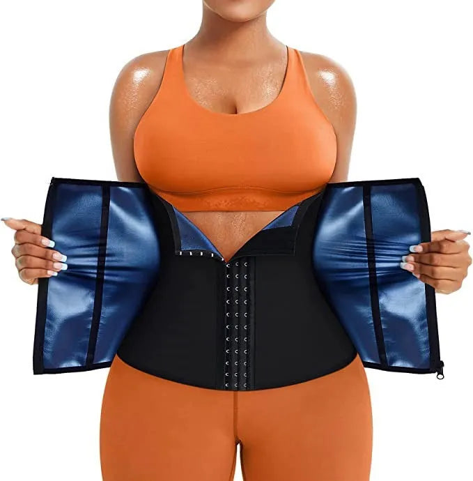 Neoprene abdominal support belt in blue and silver colours with adjustable fastening for waist shaping.