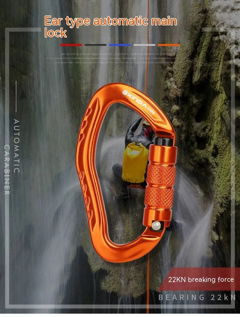 Automatic master lock climbing carabiner in silver, shown with gate open and closed.