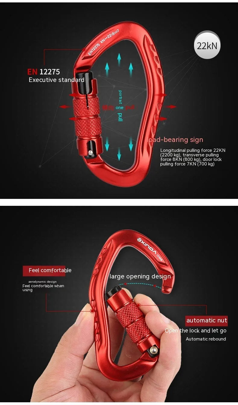 Automatic master lock climbing carabiner in silver, shown with gate open and closed.
