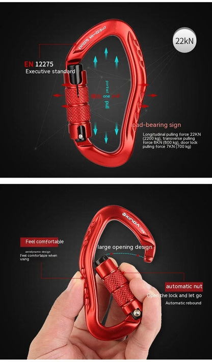 Automatic master lock climbing carabiner in silver, shown with gate open and closed.