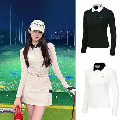Women's white long-sleeve golf top with slim-fit design for sun protection during outdoor activities