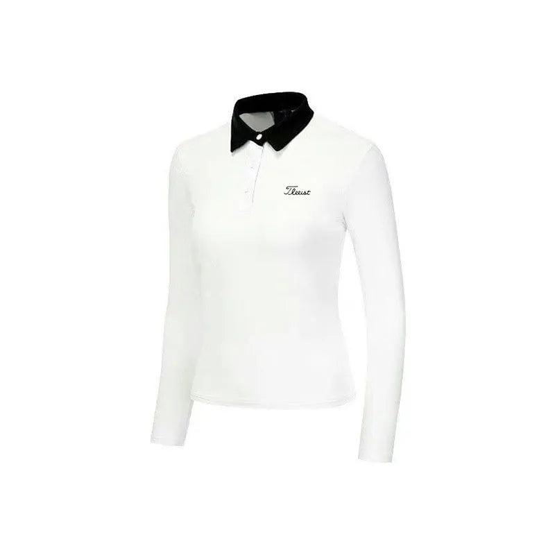 Women's white long-sleeve golf top with slim-fit design for sun protection during outdoor activities