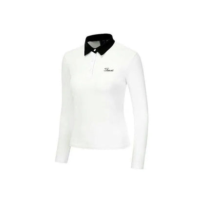 Women's white long-sleeve golf top with slim-fit design for sun protection during outdoor activities