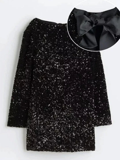 Women's sequined back-bowed dress with round neck and long sleeves in multiple colors
