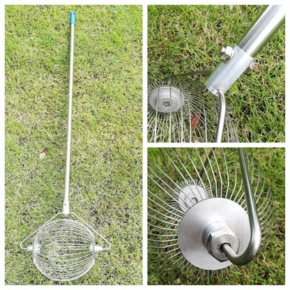 Stainless steel golf ball picker in metallic colour on a green background.