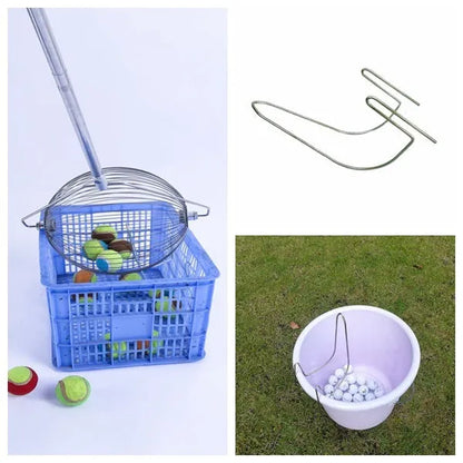 Stainless steel golf ball picker in metallic colour on a green background.
