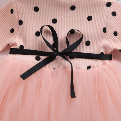 Baby girl's long sleeve black tutu lace dress with lace trim, shown on a hanger.