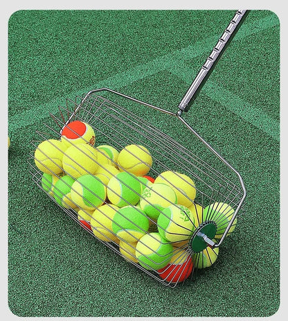 Stainless steel roller tennis ball picker on a court surface
