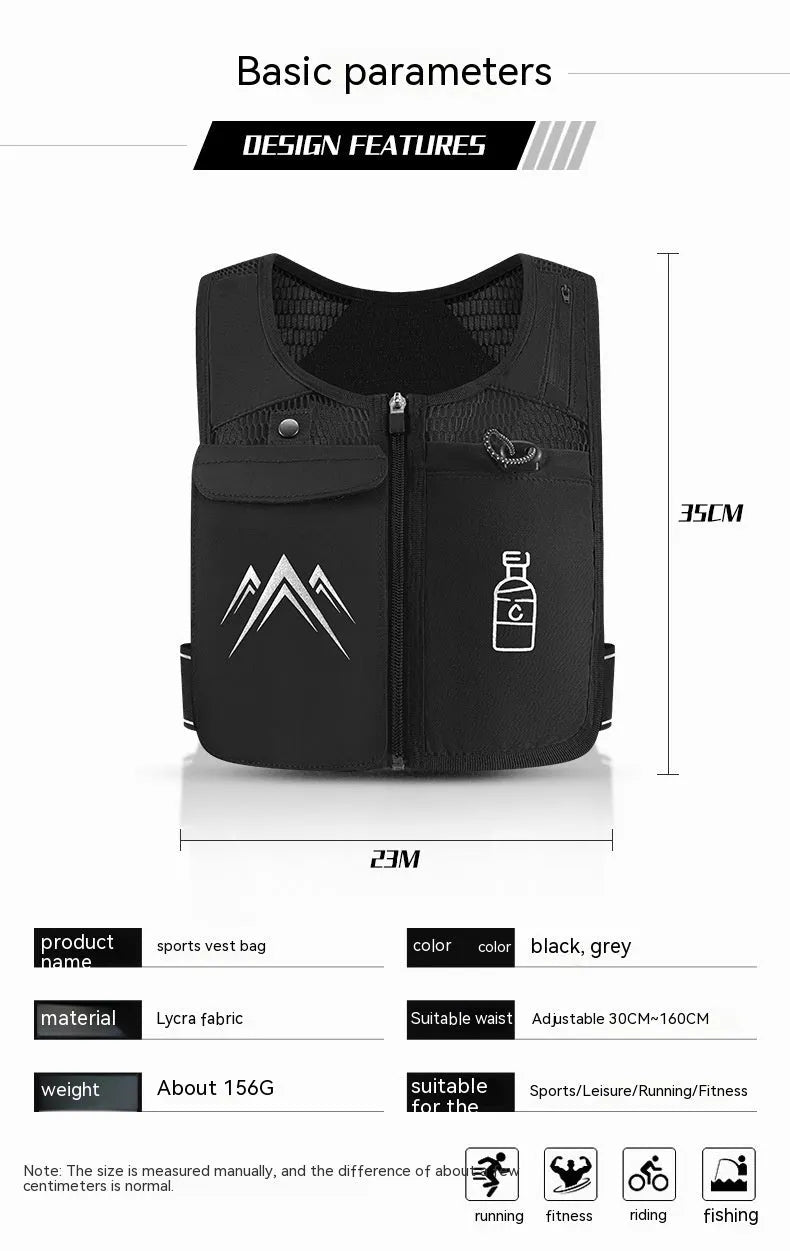 Black breathable mesh running vest with an integrated front pocket for a mobile phone.