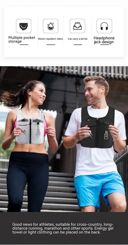 Black breathable mesh running vest with an integrated front pocket for a mobile phone.